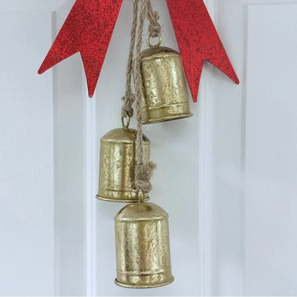 Hobby Lobby Metal & Jute Red Metallic Bow & Gold Jingle Bells Holiday Decor, New